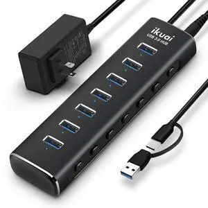 Powered USB 3.0 /USB C Hub, ikuai Aluminium 7-Port USB Hub Splitter with AC Adapter LED Individual On/Off Switches and 3.3ft Extended Long Cable for Laptop, Mac, PC, Flash Drive, Mobile HDD