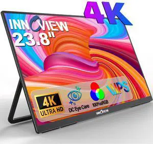 Innoview 23.8 4K Large Portable Monitor, UHD (3840*2160) 100%sRGB IPS Speakers USB-C HDMI Work Home Second Monitor W/180°Adjustable Stand for Laptop, Desktop, Macbook, Phones, Tablet, PS5/4, Switch