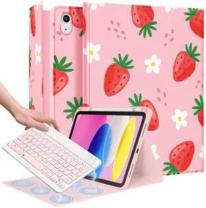 Wazzasoft for iPad 10th Generation Case with Keyboard - for iPad A16 Cases Pencil Holder 10.9 Inch Cover Women Girls Cute Girly Strawberry Unique Design Funda for Apple Tablet 10th/11th gen