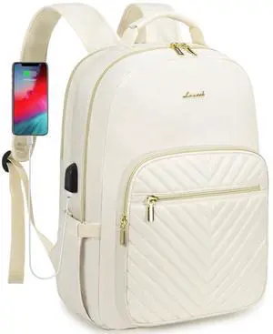 LOVEVOOK Laptop Backpack Purse for Women, Work Travel Computer Bags, College School Backpack for Student Girl, Quilted Casual Daypack with USB Port, Fit 15.6 Inch Laptop, Beige White