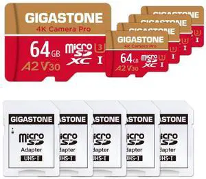 [5-Yrs Free Data Recovery] GIGASTONE 64GB Micro SD Card 5-Pack, 4K Camera Pro, A2 V30 Compatible with Gopro, Dash Cam, DJI, Drone, Security Camera, Speed Up to 95MB/s, UHS-I U3 C10, with Adapter