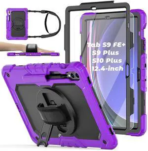 BASE MALL Case for Samsung Galaxy Tab S10 Plus/ S9 FE Plus/ S9 Plus 5G Tablet 12.4'', Shockproof Protective Cover with [Tempered Glass Screen Protector], Stand, Shoulder Strap & S Pen Holder (Purple)