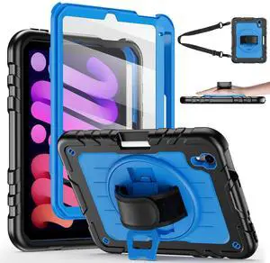 Stweap for iPad mini 7 A17 Pro/iPad mini 6 8.3 Inch Case, iPad mini 7th/6th Generation Case (2024/2021) with Pencil Holder/Kickstand, Hand Strap/Shoulder Strap,Black+Sky Blue