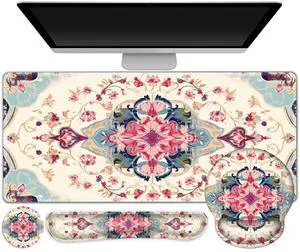 Gaming Mouse Pad, Large Desk Mat, Cute Desk Pad Protector, 4in1 XXL Mousepad + Keyboard Wrist Rest+Mouse Wrist Rest+Coaster Set with Ergonomic Desk Pad for Home Office Computer, Retro Style Pattern