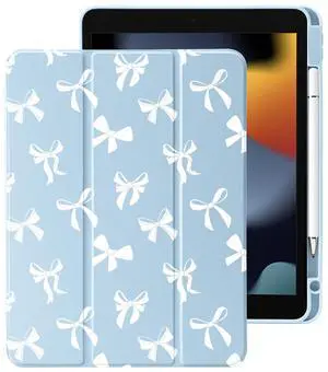 Cute Kawaii White Bow for iPad Air 11 Inch Case 7th/6th Generation (M3/M2) 2025/2024 with Pencil Holder, Auto Sleep/Wake, Blue Leather Clear Acrylic Back Cover