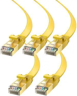 Maximm Cable CAT7 Flat Ethernet Cable, 5 Pack (Yellow, 20ft) 10 Gbps, 600 MHz, Shielded RJ45 Gold Connectors Ultra-Thin Flexible Design for Home & Office Networking