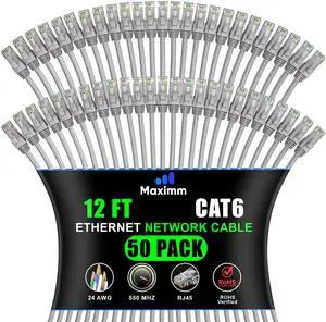 Maximm Cat 6 Ethernet Cable - 12 ft (50-Pack) - High-Speed LAN, Internet, Patch, and Network Cable - UTP, 10Gbps, 550MHz Ethernet Cord - Gray