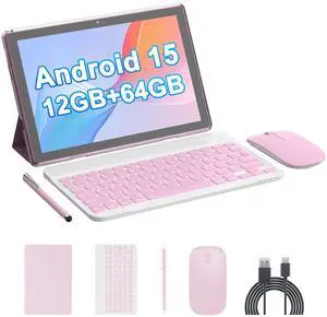 HOTTABLET 10" Android 15 Tablet, 12(4+8Expand) GB RAM+64GB ROM, 2+8MP Dual Camera, 6000mAh Battery (Tablet+case+Stylus+beyboard+Mouse), Pink