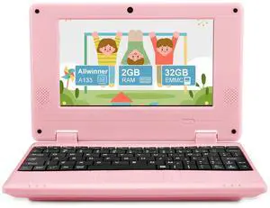 ZHAOHUIXIN 7" Portable Small Laptop, Android 12.0 OS Quad-Core Cortex A53 with 2GB RAM 32GB ROM,Processor A133P Type-C 5V 2A Mini Laptop Notebook for Kids(Pink)