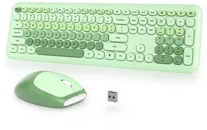 iTastatur Typewriter Wireless Keyboard and Mouse Combo,2.4G Office 104 Keys Full Size Retro Punk Keyboard,Cute Light Green Silent with Round Keycaps for Laptop PC Desktops (Light Green)