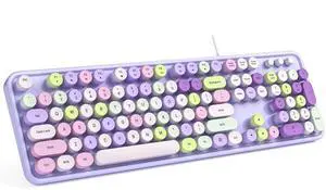 MOFII Computer Keyboard Wired, USB Plug Play Round Key Retro Typewriter Keyboard, Office Full Size Keyboard with Foldable Stands for Laptop PC Windows- Purple Colorful