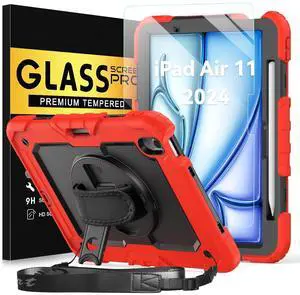 BLOSOMEET Construction Case for iPad Air 11 Inch 2025 M3 & 2024 M2 with Tempered Glass Screen Protector & Shoulder Strap,Protective Cover with Stand Pencil Holder Hand Strap (Red)