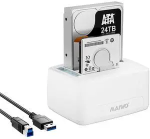MAIWO Dual Bay 2.5'' 3.5'' SATA Docking Station with Offline Cloning, External Hard Drive Duplicator with LED Indicator, 48TB Expansion, USB3.0 Connecting, White