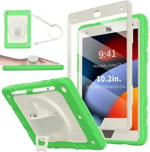 Stweap Case for iPad 9th/8th/7th Generation-Built-in Screen Protector,with Pencil Holder&360°Rotating Hand Strap,Shoulder Strap,Case for iPad 10.2 inch 2021-2019(Green/Beige)