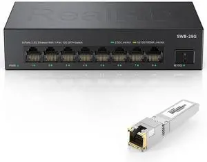 Real HD 8 Port 2.5G Ethernet Network Switch Unmanaged with 1 x 10G SFP+ | 60G Bandwidth | Plug & Play | Fanless Metal Internet Multi-gigabit Switch | Include 10Gb SFP to RJ45 Module 98Ft (30m)