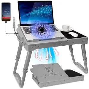 Grey Foldable Laptop Table with Cooling Fan, Adjustable Lap Desk and Mouse Pad, 4 USB Ports for Bed, Couch, Sofa, Floor