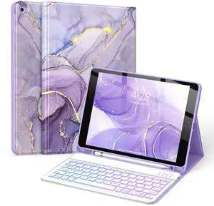 Soke for iPad 9th/8th/7th Generation Case with Keyboard 10.2 Inch-7 Color Backlitght Magnetic Wireless Detachable Folio Keyboard Cover with Pencil Holder for Apple iPad Gen 9/8/7, Violet Marble