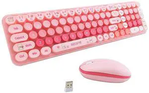 Wireless Keyboard and Mouse Combo, Retro Typewriter Style Keyboard with Round Keycaps, 2.4GHz Dropout-Free Connection Mouse with,Computer PC Desktops Laptop WindowsxP/7/8/10 (Pink)