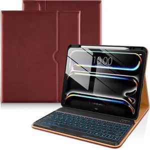 DTTO for iPad Pro 13 Inch Case 2024 with Keyboard (M4), 7 Colors Backlit Wireless Detachable Keyboard Premium Leather Folio Cover with Pencil Holder & Pocket, Burgundy Red