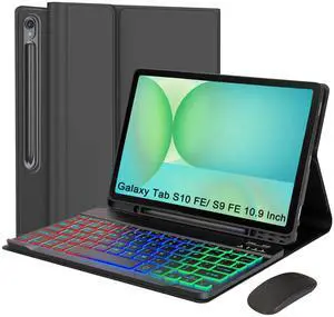 Keyboard Case for Samsung Galaxy Tab S10 FE 2025 /S9 FE 10.9 Inch/Galaxy Tab S9 11 Inch 2023, Mouse and Detachable Bluetooth Backlit Keyboard, Lightweight Folio Cover with Pen Holder (Black)