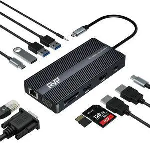 RVP+ USB C Docking Station 3 Monitors, 12-in-1, Triple Display-4K HDMI Dual Monitors & VGA, 5Gbps USB-C/A Data Transfer, USB 3.0, 100W Laptop-Charging, Gigabit Ethernet, Audio, SD/TF Dongle(RV-USB012)