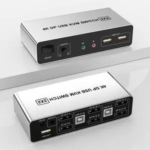 DisplayPort KVM Switch Dual Monitors for 2 Computers 4K@60Hz 2 in 2 Out Displayport KVM Switch with Audio Microphone Output and 3 USB Ports, Keyboard Mouse Displayport Dual Monitor KVM
