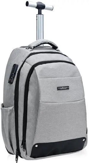 lychee Adult Business Rolling Laptop Backpack with Wheels-18 inch Invisible Shoulder Strap Waterproof Backpack with Roller-Trolley Suitcase Travel Bag, Grey