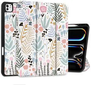 DONGKE for iPad Pro 13 inch M4 Case 2024 - [Built-in Pencil Holder Supports Pencil Pro and Pencil USB-C] Ultra Thin Soft TPU Back Cover with Trifold Stand Support Auto Wake/Sleep - Tiny Flowers