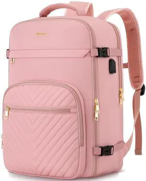 KROSIAS Travel Backpack for Women, Carry On Backpack for Airplanes Flight Approved, Waterproof Large Weekender Overnight Bag Fit 17 Inch Laptop with USB Charging Port, Pink