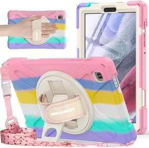 BRAECNstock Kids Case for Samsung Galaxy Tab A7 Lite 8.7 inch 2021(SM-T220/T225/T227) Shockproof Protective Tab A7 Lite Cover with Screen Protector Rotating Hand Strap+Stand Pen Holder - Colorful Pink