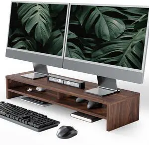 Fenge Monitor Stand, 31.5 Inch Computer Monitor Riser for Desk, 2 Tiers Wood Desk Shelf with Storage, Desktop Organizer for PC, Laptop, Screen, Printer