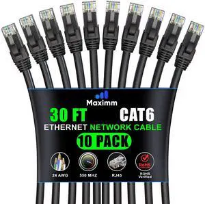 Maximm Cat 6 Ethernet Cable 30 ft (10-Pack) - High-Speed LAN Cable, Internet Cable, Patch Cable, and Network Cable - UTP, 10Gbps, 550MHz Ethernet Cord - Black