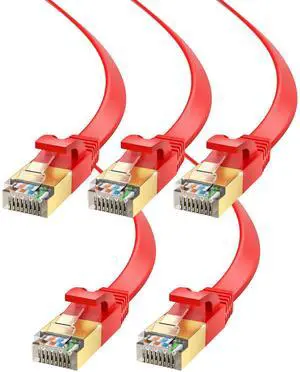 Maximm Cable CAT7 Flat Ethernet Cable, 5 Pack (Red, 20ft) 10 Gbps, 600 MHz, Shielded RJ45 Gold Connectors Ultra-Thin Flexible Design for Home & Office Networking