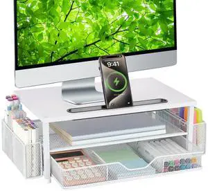 AUPSEN White Monitor Stand Riser, 2-Tier Wood Computer Desk Organizer with Drawer, Pen Storage & Tablet Phone Holder Office Desk Accessories Desktop Organizer for Home, Office and School