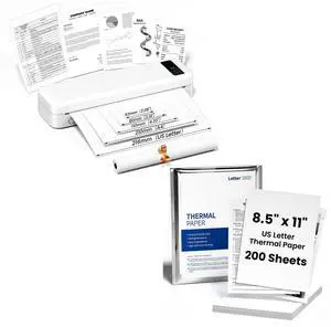 TATTMUSE Bluetooth Inkless Thermal Printer White & 200 Sheets 8.5" x 11" US Letter Thermal Paper, Compatible with iPhone Android Laptop for Home Car Office