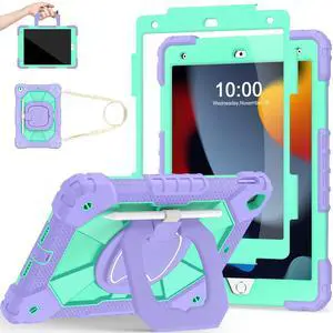 Scnioy Case for iPad 9th 8th 7th Generation iPad 10.2 Inch 9th Gen Tablet Cover with Screen Protector Pen Holder for Kids 360° Rotating Stand, Purple Green