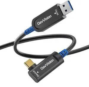 DavVision USB A to USB C Fiber Optic Cable Right Angle 33 FT, 10Gbps USB 3.2 Gen2 Extension Cable(No Power), Ultra Slim & Long Distance for Business Solution,Logitech 4K Camera,VR/AR,Video Conference