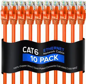 Maximm Cat 6 Ethernet Cable 8 Ft, 100% Pure Copper, Cat6 Cable (10 Pack) LAN Cable, Internet Cable, Patch Cable and Network Cable - UTP (Orange) 8 Feet
