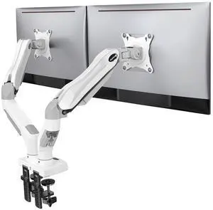 HUANUO Dual Monitor Stand - Full Adjustable Monitor Desk Mount Swivel Vesa Bracket with C Clamp, Grommet Mounting Base for 13 to 32 Inch Computer Screens - Each Arm Holds 4.4 to 19.8lbs - White