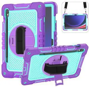 Shockproof Case for Samsung Galaxy Tab S9/S9 FE/S10 FE 10.9" 11" Tablet with Shoulder Strap, Techcircle Heavy Duty Rotating Kickstand Rugged Defender Protective Case w/Hand Strap, Lavender+Aqua