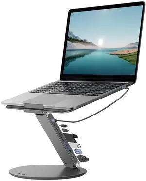 KU XIU Adjustable Laptop Stand with 8 in 1 USB C Hub, Foldable Portable Computer Notebook Stand with 360° Rotating Base, Riser Holder Mount for All 10-17" Laptops (Gray)