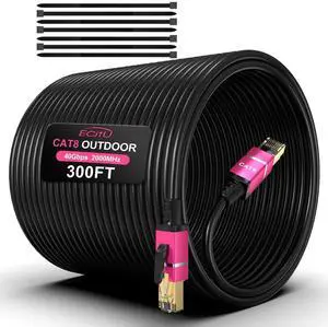 300FT Cat8 Outdoor Ethernet Cable, In-Ground, 26AWG Pure Copper Cat 8, Heavy Duty Direct Burial, LLDPE UV Jacket, Waterproof, 40Gbps 2000Mhz SFTP Patch Cord, POE, Network, Internet, with 25 Cable Ties 300FT Cat8 Outdoor Ethernet Cable, In-Ground, 26AWG Pure Copper Cat 8, Heavy Duty Direct Burial, LLDPE UV Jacket, Waterproof, 40Gbps 2000Mhz SFTP Patch Cord, POE, Network, Internet, with 25 Cable Ties