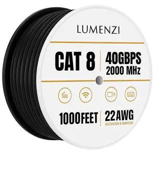 Cat8 Ethernet Cable 1000ft Bulk Round, 22 AWG, Solid 100% Bare Copper, Black, Up to 40Gbps, 2000MHz, S/FTP Shielded LAN Network Cable Spool, PoE Compatible for Indoor/Outdoor, Gaming, Router, Laptop Cat8 Ethernet Cable 1000ft Bulk Round, 22 AWG, Solid 100% Bare Copper, Black, Up to 40Gbps, 2000MHz, S/FTP Shielded LAN Network Cable Spool, PoE Compatible for Indoor/Outdoor, Gaming, Router, Laptop