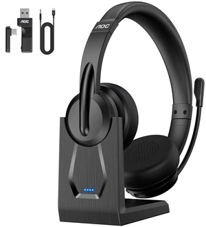 AOC Wireless Headset with Mic for Work, Bluetooth 5.4 Wireless Headset with AI Noise Canceling Mics, USB A/C Dongle, Charging Base & Mic Mute, Wireless Headphones for Laptop, PC ( AOC Wireless Headset with Mic for Work, Bluetooth 5.4 Wireless Headset with AI Noise Canceling Mics, USB A/C Dongle, Charging Base & Mic Mute, Wireless Headphones for Laptop, PC (