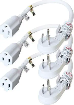 FIRMERST 1875W Flat Plug 1Ft Extension Cord 15A for Kitchen Home Appliance Office White (3 Pack)
