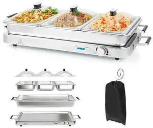 ARLIME Triple Buffet Server Food Warmer, 450W Stainless Steel Electric Warming Tray, Adjustable Temperature, Transparent Lids w/Spoon Slot, 8 QT Chafing Dish Set for Parties, Banquets, Catering