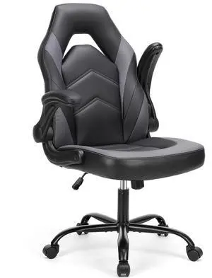 DUMOS Gaming Ergonomic Office Chair for Adults, Height Adjustable Computer Desk Chair with Flip-up Armrests, PU Leather Swivel Video Game Chair with 360° Rolling Wheels, Grey