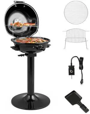 ARLIME Outdoor Electric Grill 1600W, Stand BBQ Grill w/Warming Rack for 15-Serving, Adjustable Temperature, Removable Greqase Tray, Portable Barbecue Grill for Camping Party Balcony Garden (Black)