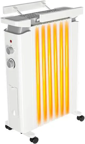 ARLIME Oil Filled Radiator Heater, 1500W Radiator Heating Machine with Thermostat, Overheat & Tip-Over Protection, Retractable Rack, Quiet Space Heater for indoor use, White