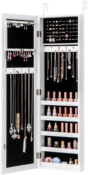 Giantex Jewelry Armoire with Full Length Mirror, Wall and Door Mounted Jewelry Cabinet Organizer with Magnetic Door, Large Storage for Earrings, Rings, Necklaces & Accessories, White